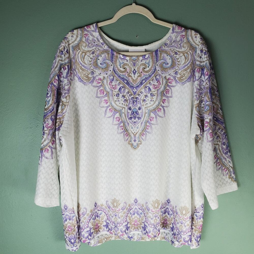 Alfred Dunner Womens White Pastel Basket Weave Floral Textured Knit Top Size 2X